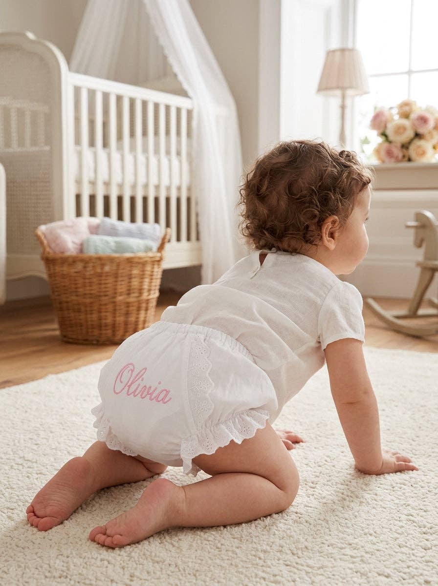 Baby Girl Cotton Diaper Cover - Ruffled White Flowers