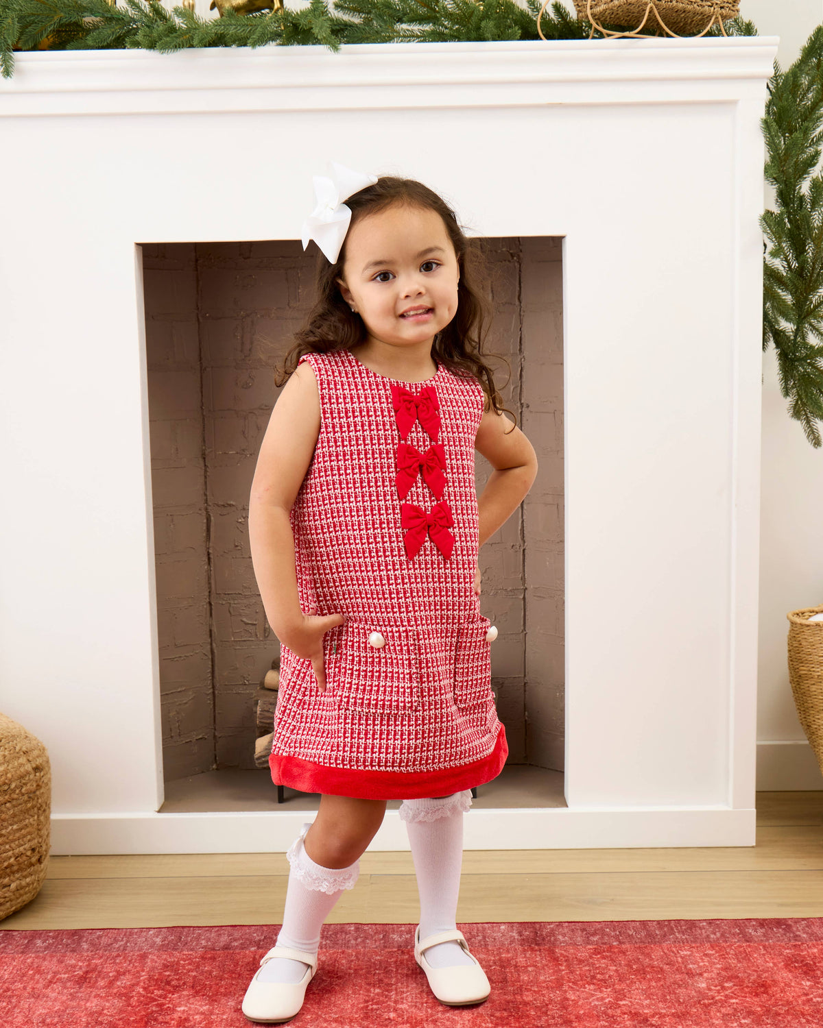 Girls Red Shimmer Tweed Sleeveless Pocket Bow Faux Fur Trim Dress