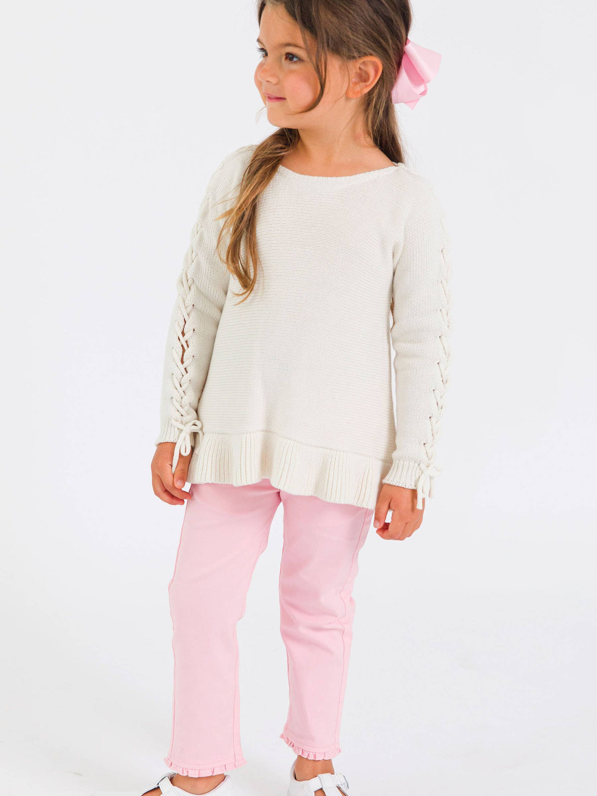 Girls Pink Stretch Denim Ruffle Straight Jeans