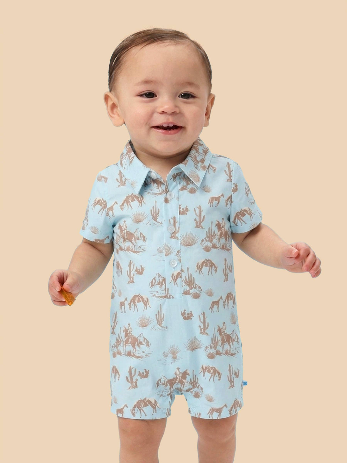 Baby Boys Blue Western Trail Toile Short Sleeve Woven Button-Up Romper