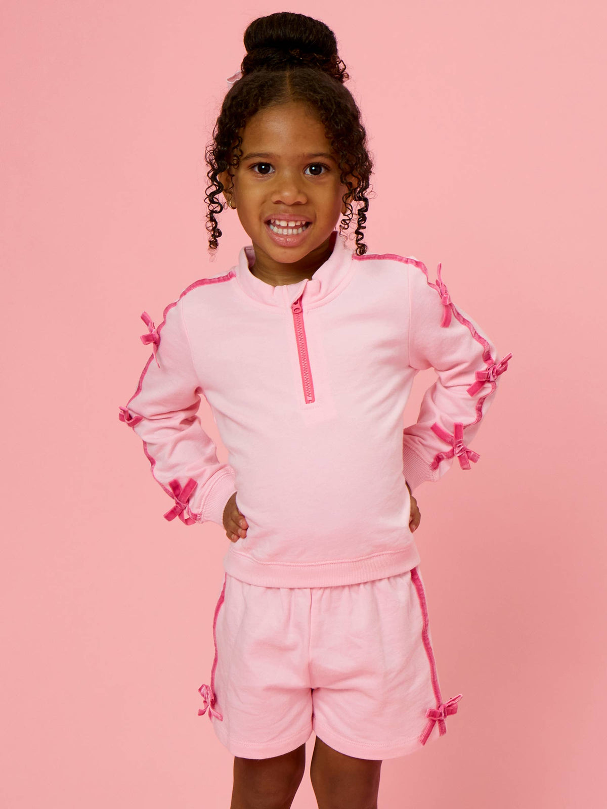 Girls Pink Fleece Bow Quarter Zip & Shorts Set