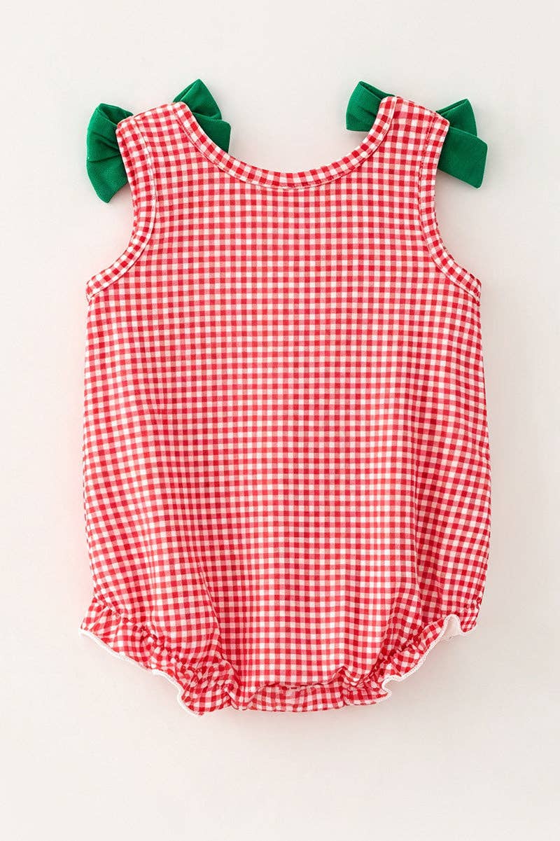 Christmas tree applique on gingham baby bodysuit. RPG65166 SOL