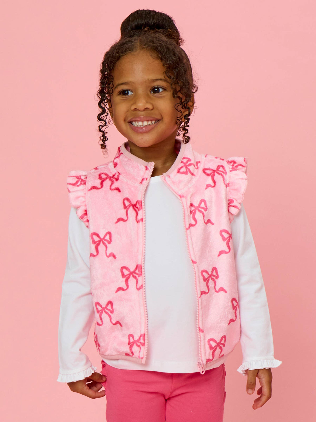 Girls Hot Pink Bows Ruffle Marshmallow Fleece Vest