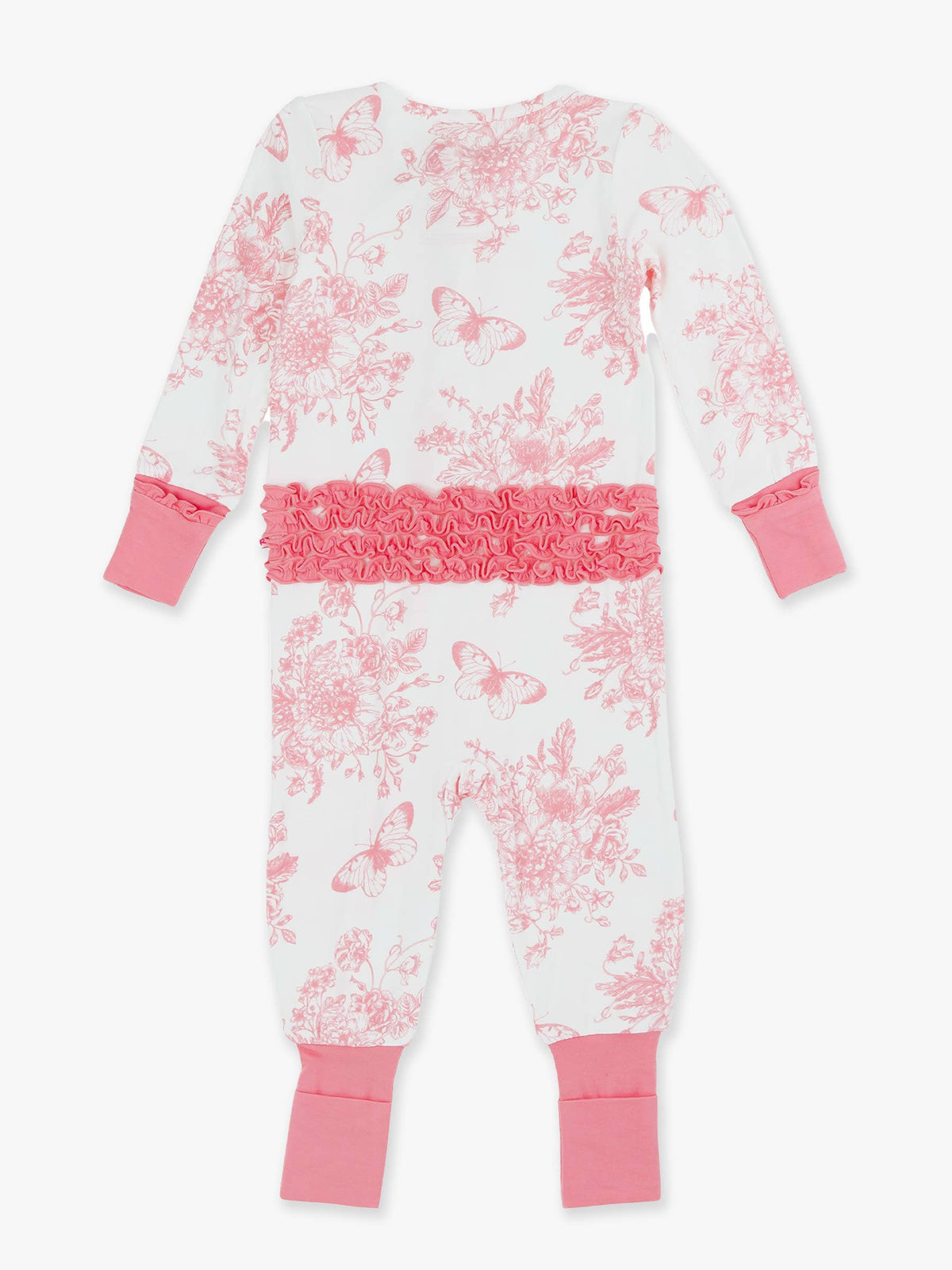 SoftSnooze™ Baby Girls Bamboo Viscose Bubblegum Butterfly Garden Toile Convertible Ruffle One Piece Footie Pajama