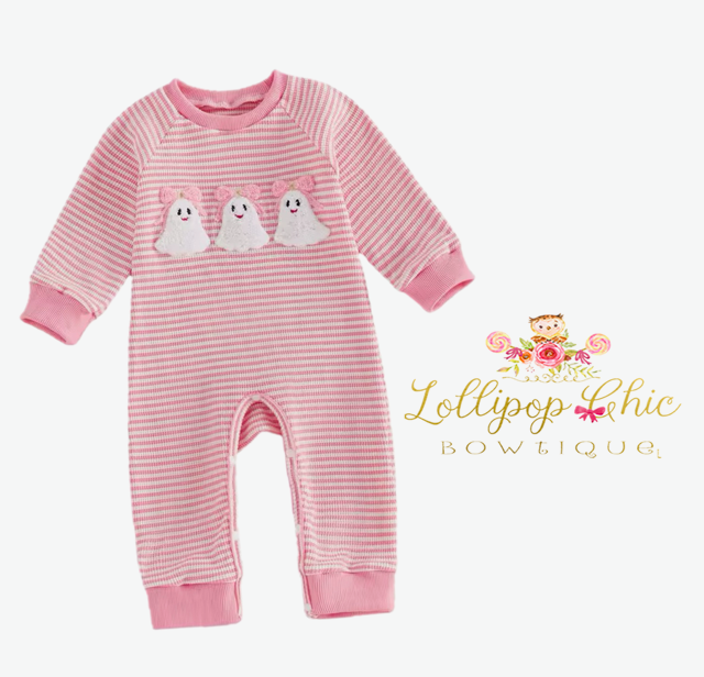 Baby Girl Ghost Bow Embordered Halloween Jumpsuit Onesie