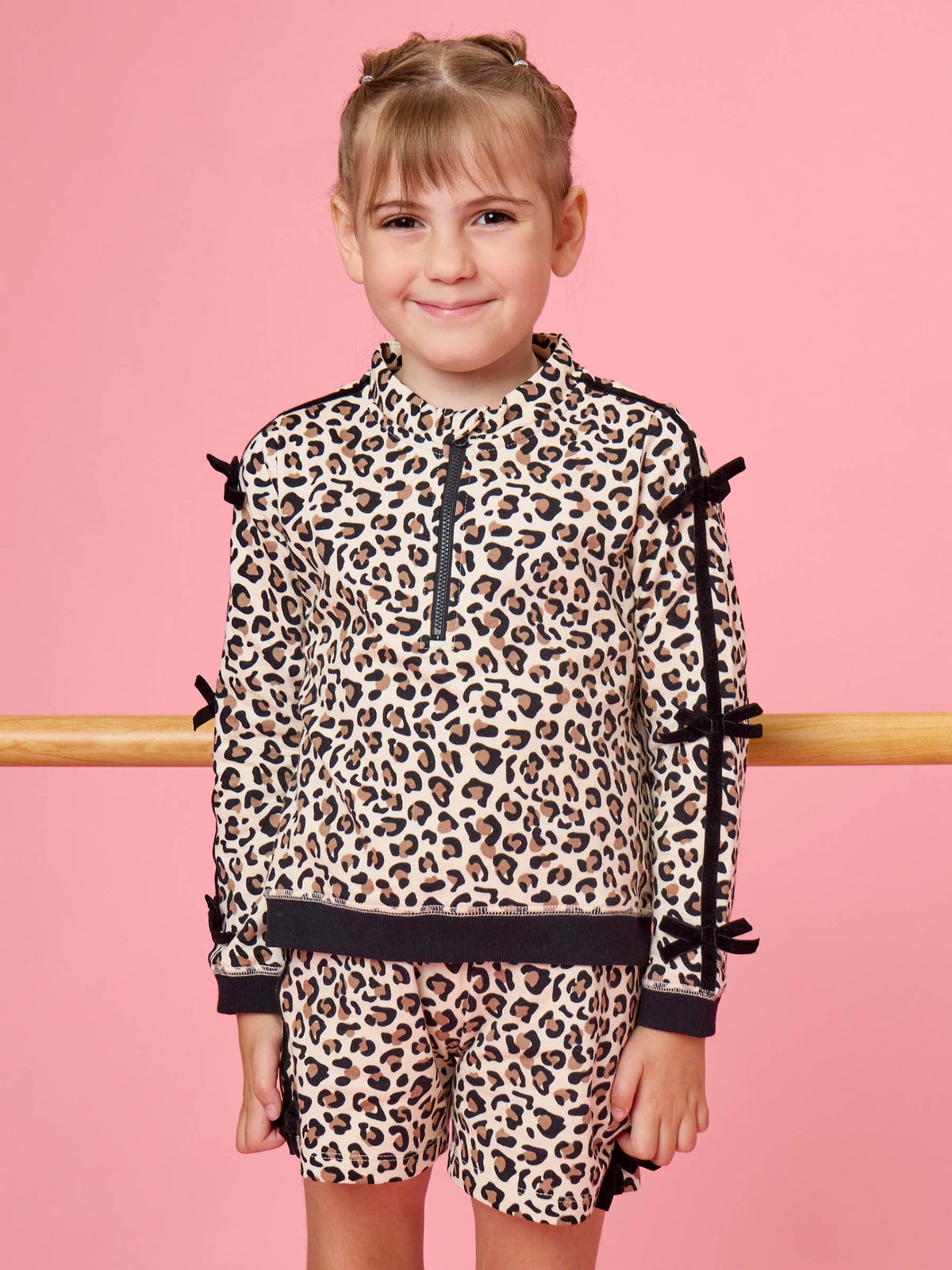 Girls Classic Leopard Fleece Bow Quarter Zip & Shorts Set