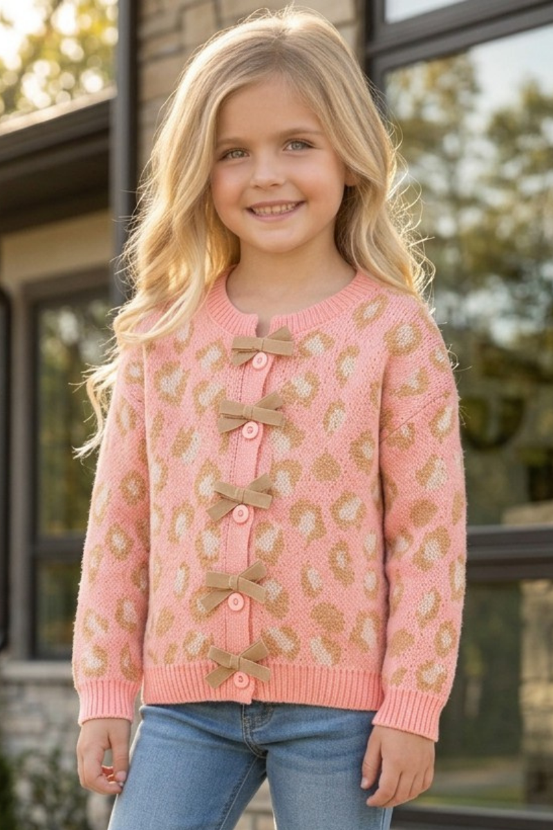 Coral animal print sweater w/front bows