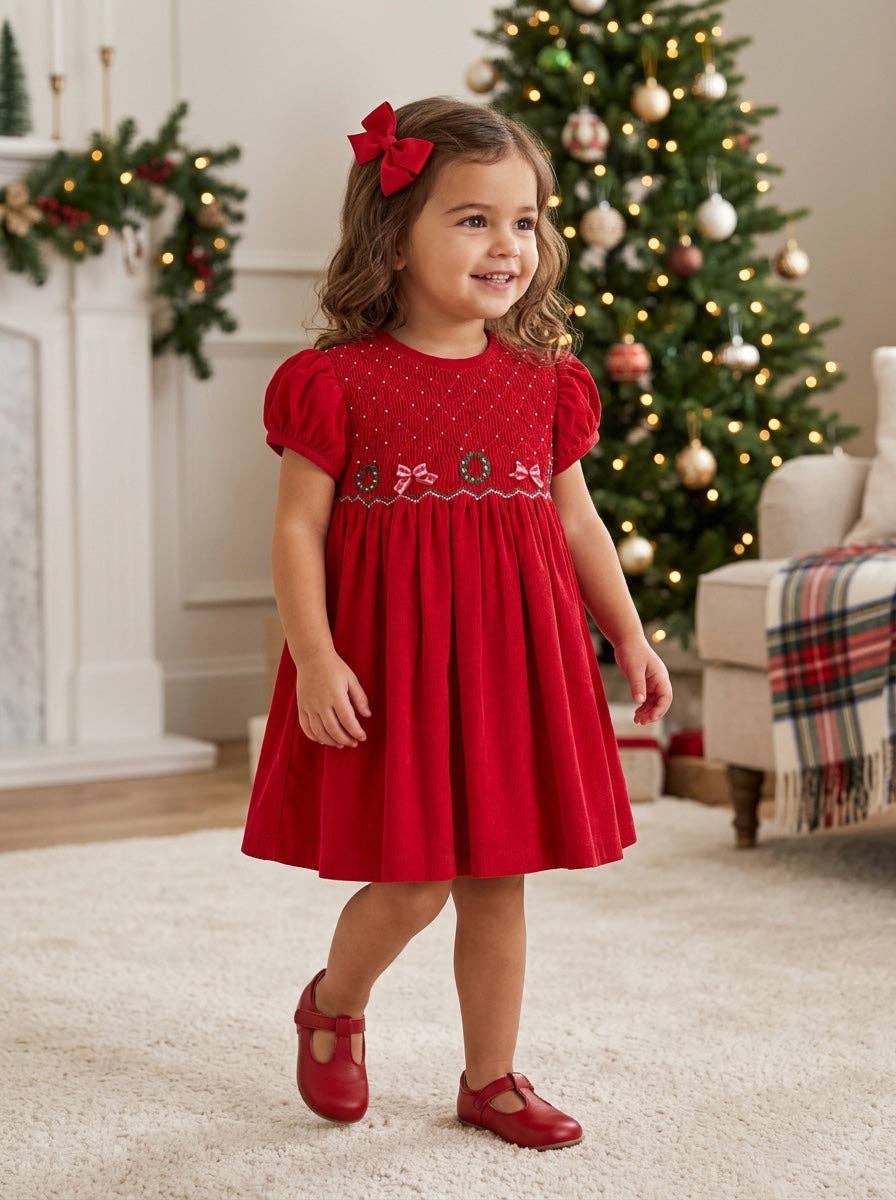 Smocked Christmas Corduroy Red Short Sleeve Toddler Girl Dress