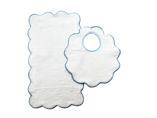 Bib & Burp Set - Blue Solid Scalloped Edge