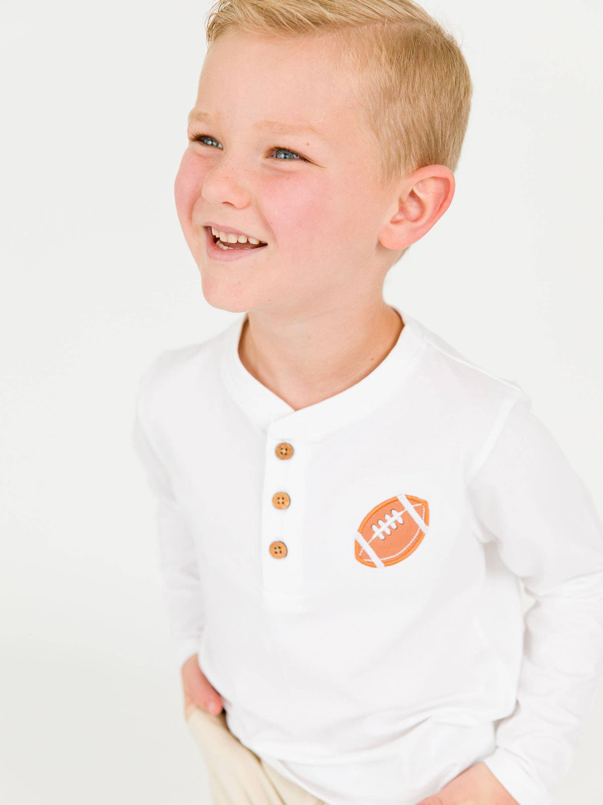 Boys Football White Knit Long Sleeve Embroidered Henley Tee