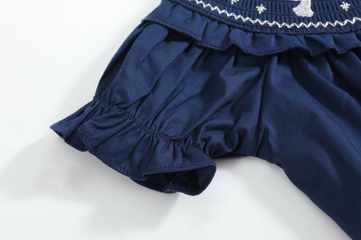 Blue Nativity Smocked Ruffle Romper