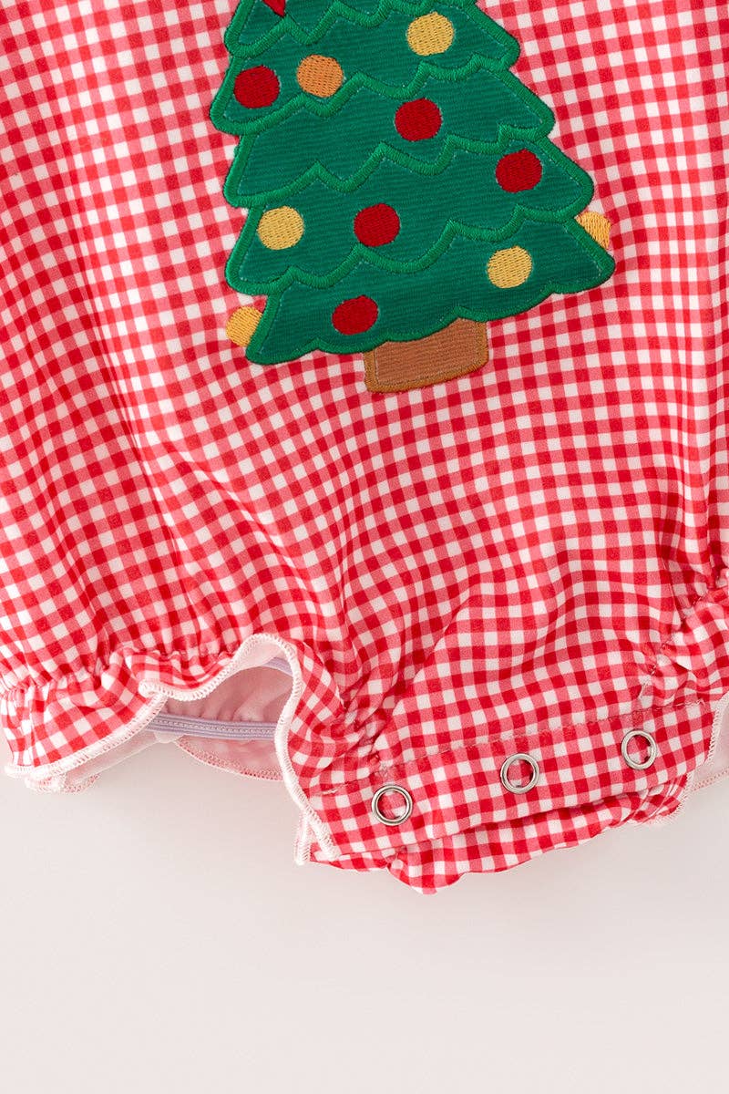 Christmas tree applique on gingham baby bodysuit. RPG65166 SOL