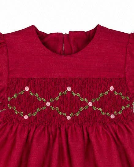 Floral Smocked Silk Red Short Sleeve Toddler Girl Dress