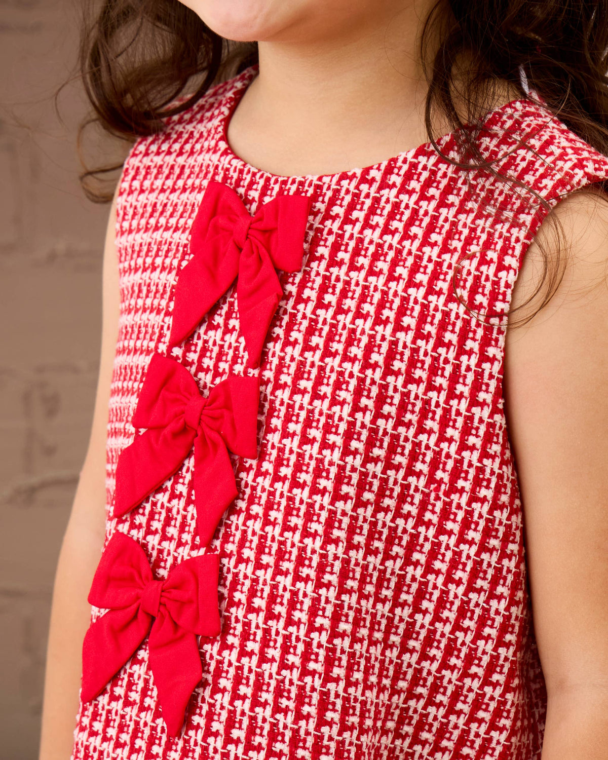 Girls Red Shimmer Tweed Sleeveless Pocket Bow Faux Fur Trim Dress