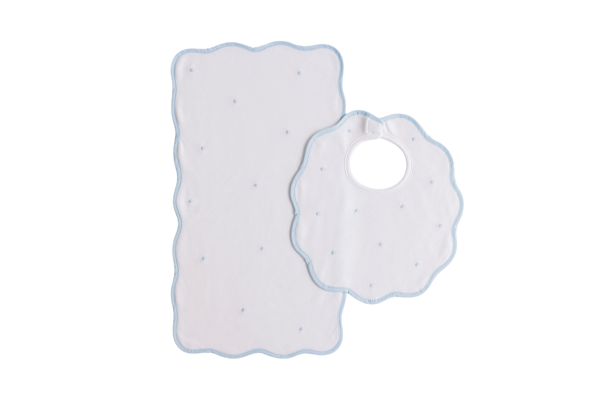Bib & Burp Set - Blue Embroidered Dots