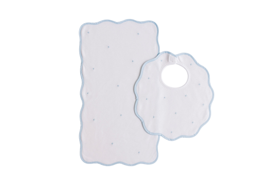 Bib & Burp Set - Blue Embroidered Dots