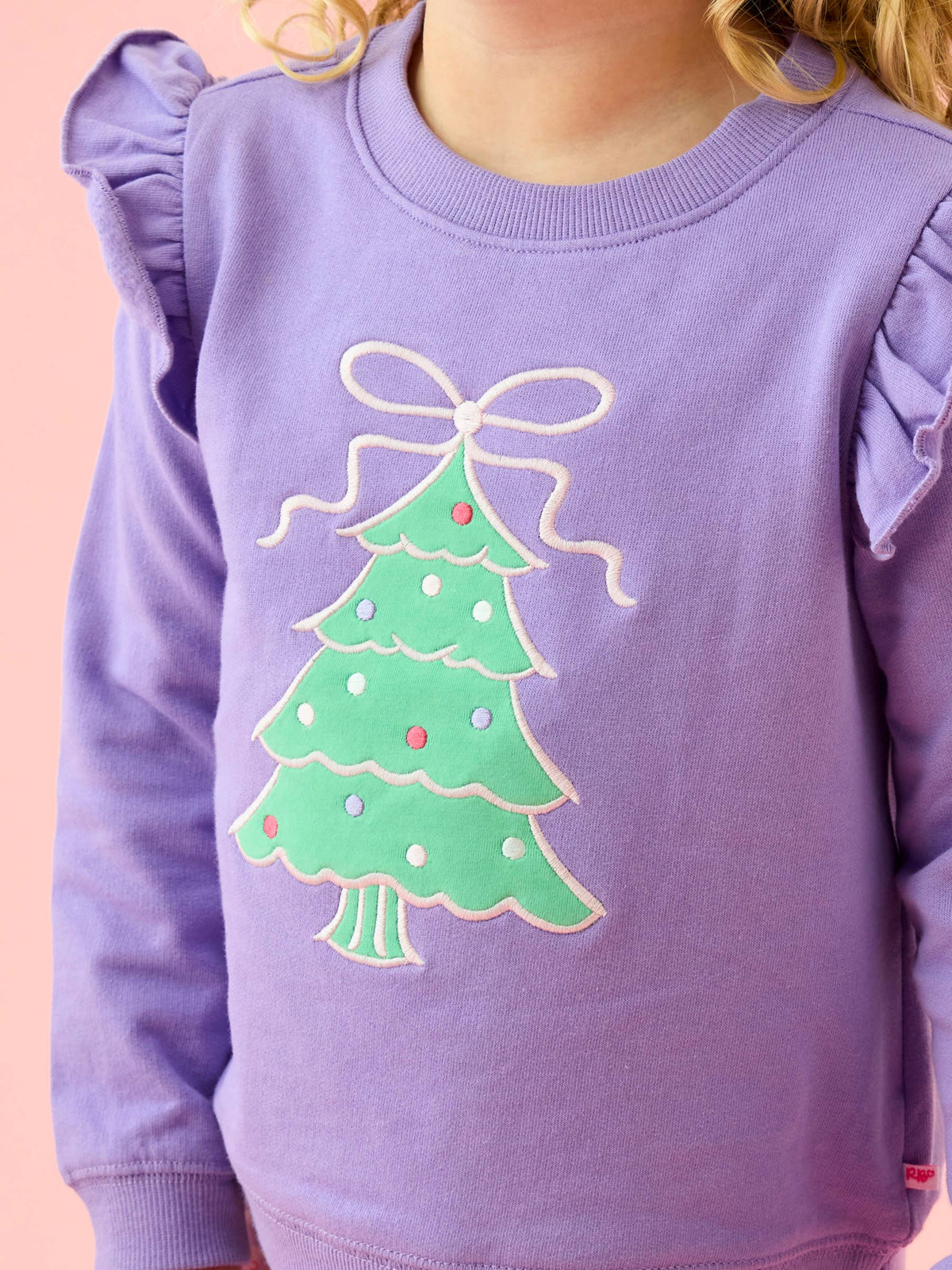 Girls Purple Christmas Tree Applique Flutter Sweatshirt