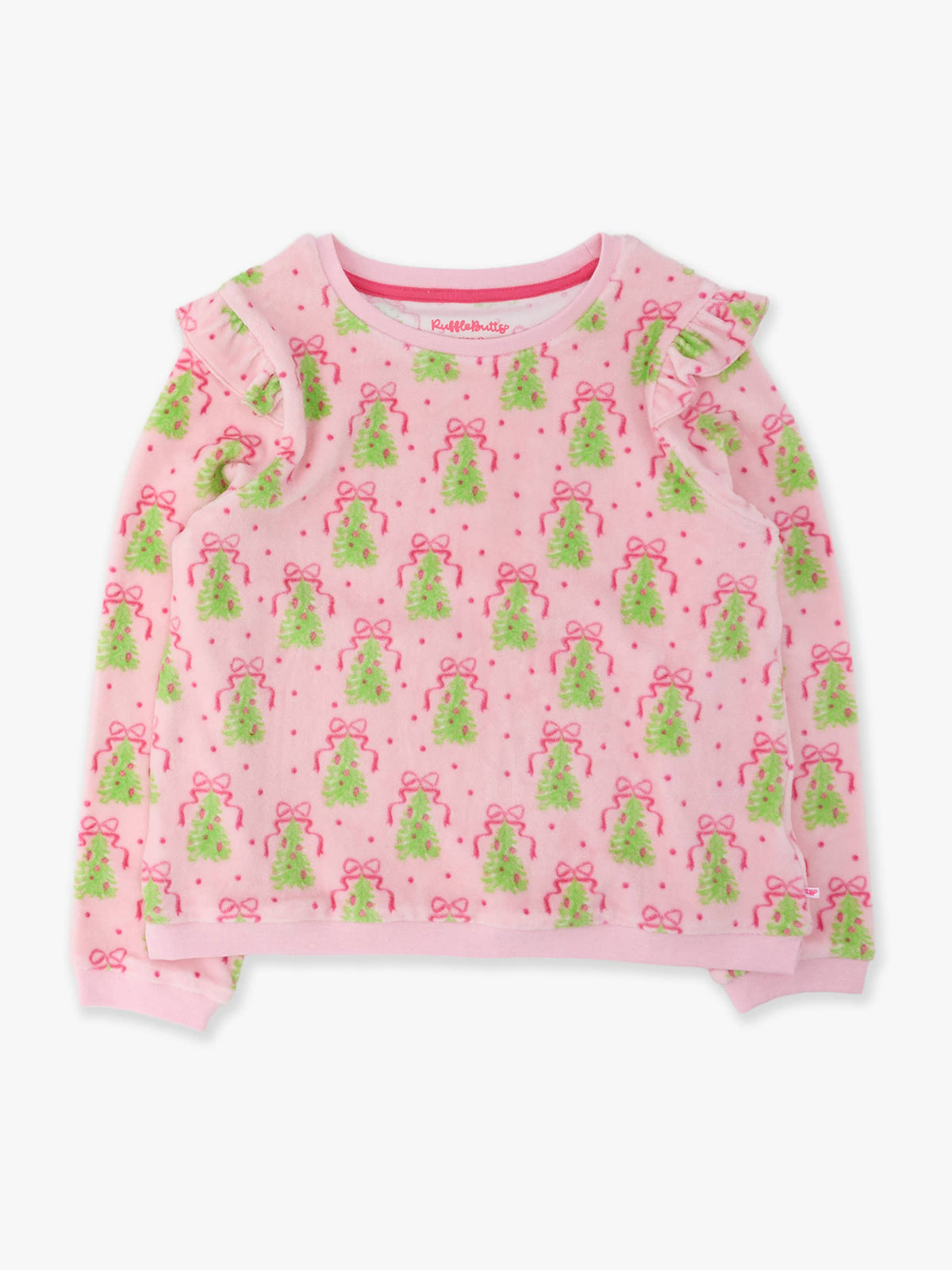 Girls Pink Christmas Tree Party Velour Flutter Sweatshirt