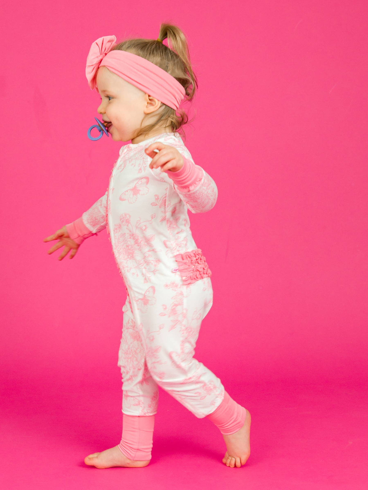 SoftSnooze™ Baby Girls Bamboo Viscose Bubblegum Butterfly Garden Toile Convertible Ruffle One Piece Footie Pajama