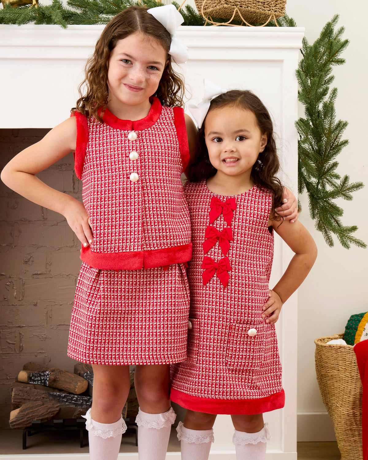 Girls Red Shimmer Tweed Sleeveless Pocket Bow Faux Fur Trim Dress
