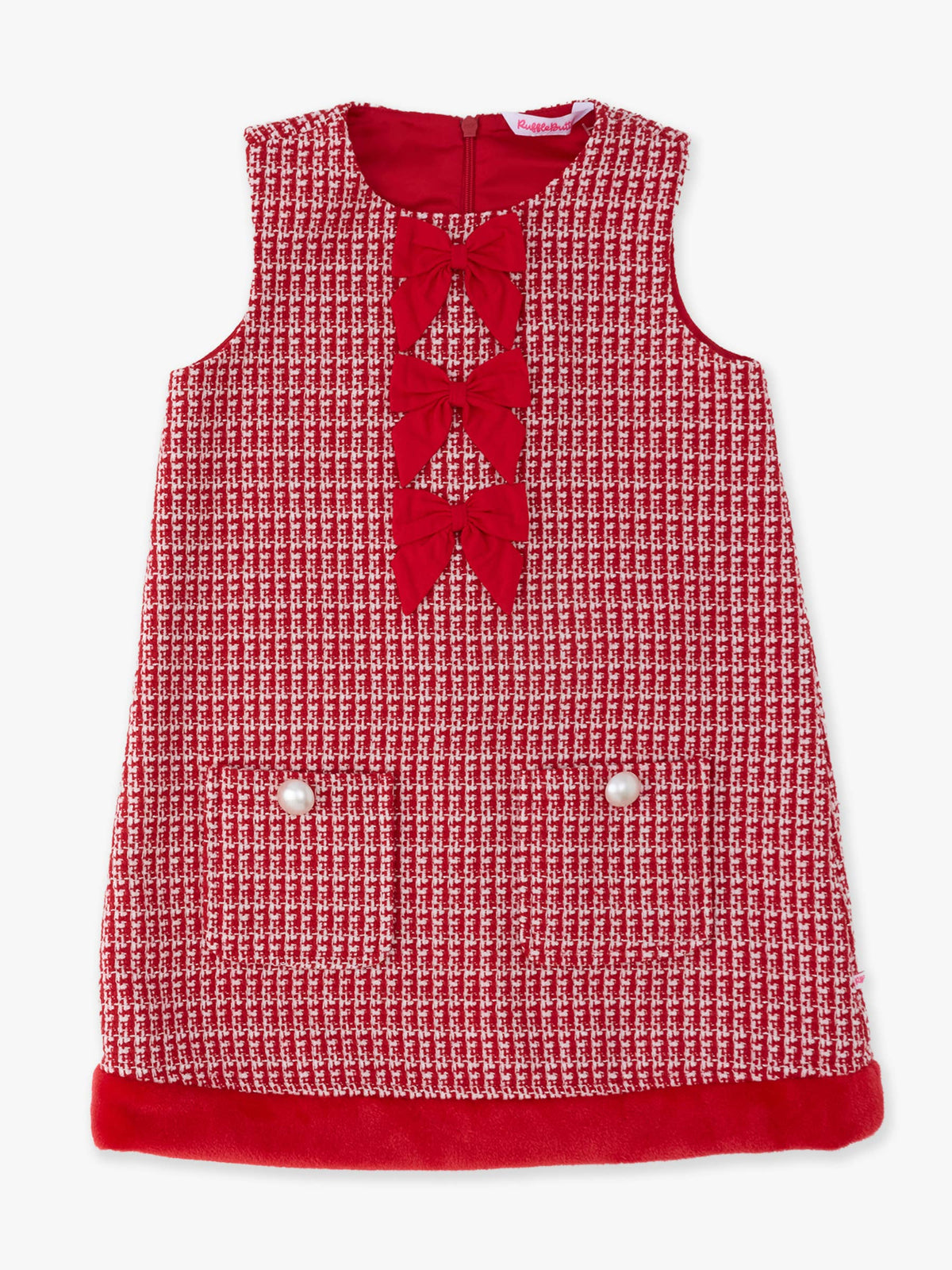 Girls Red Shimmer Tweed Sleeveless Pocket Bow Faux Fur Trim Dress