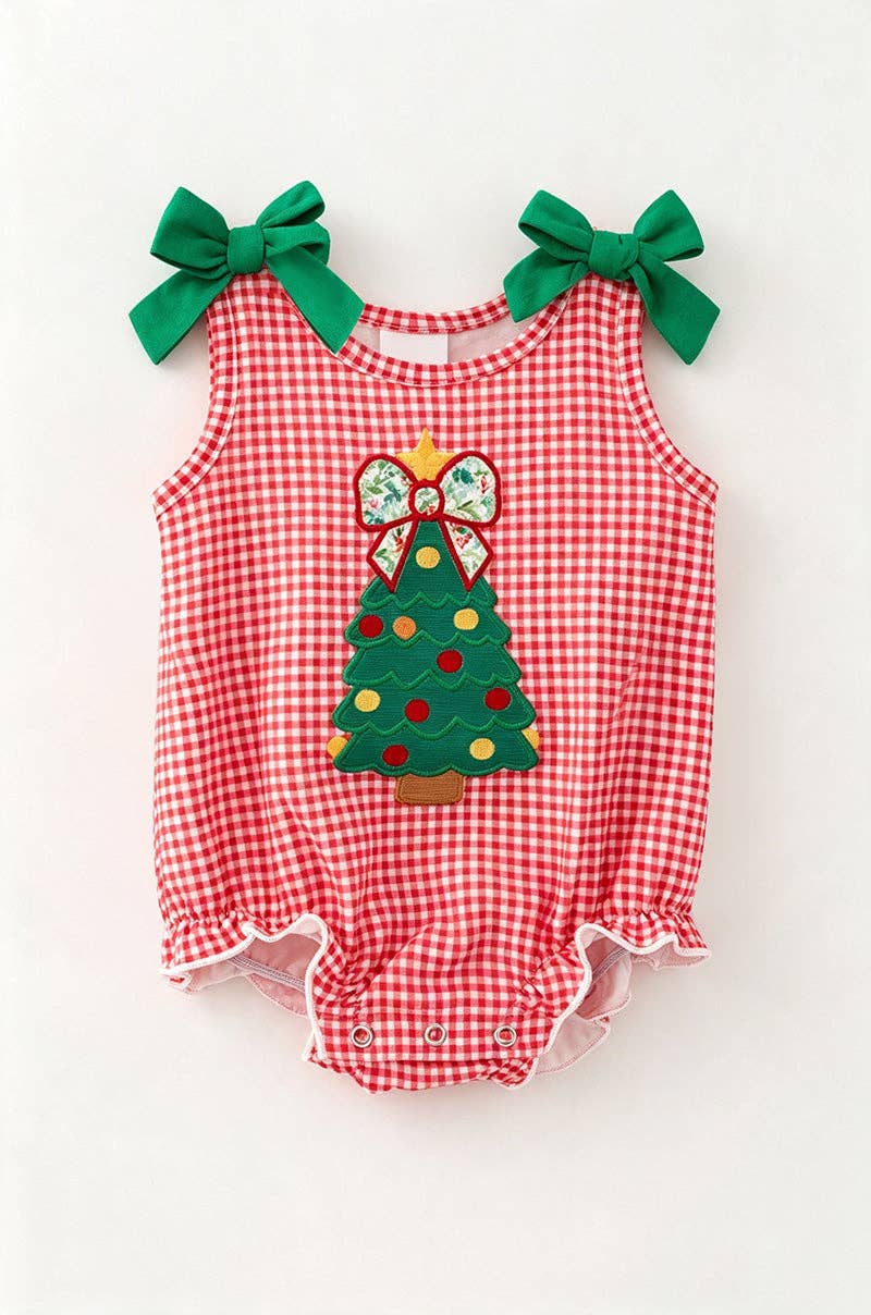 Christmas tree applique on gingham baby bodysuit. RPG65166 SOL