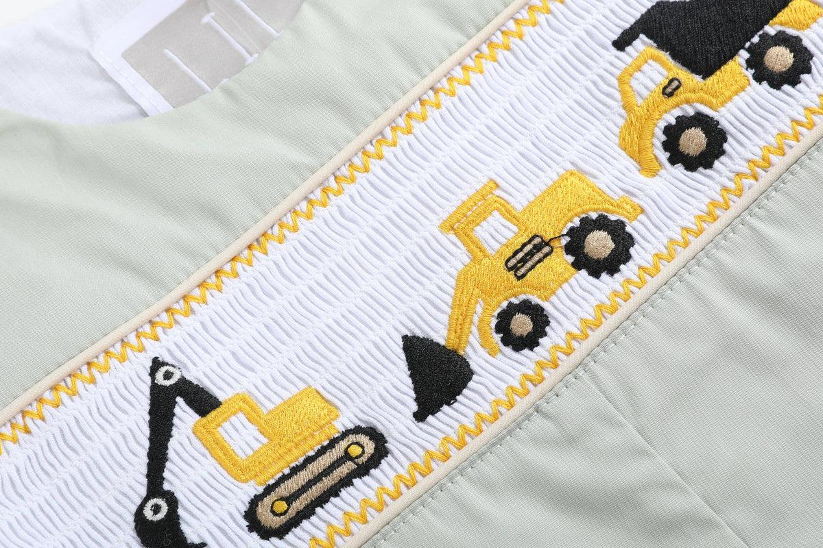 Sage Green Construction Smocked Overalls