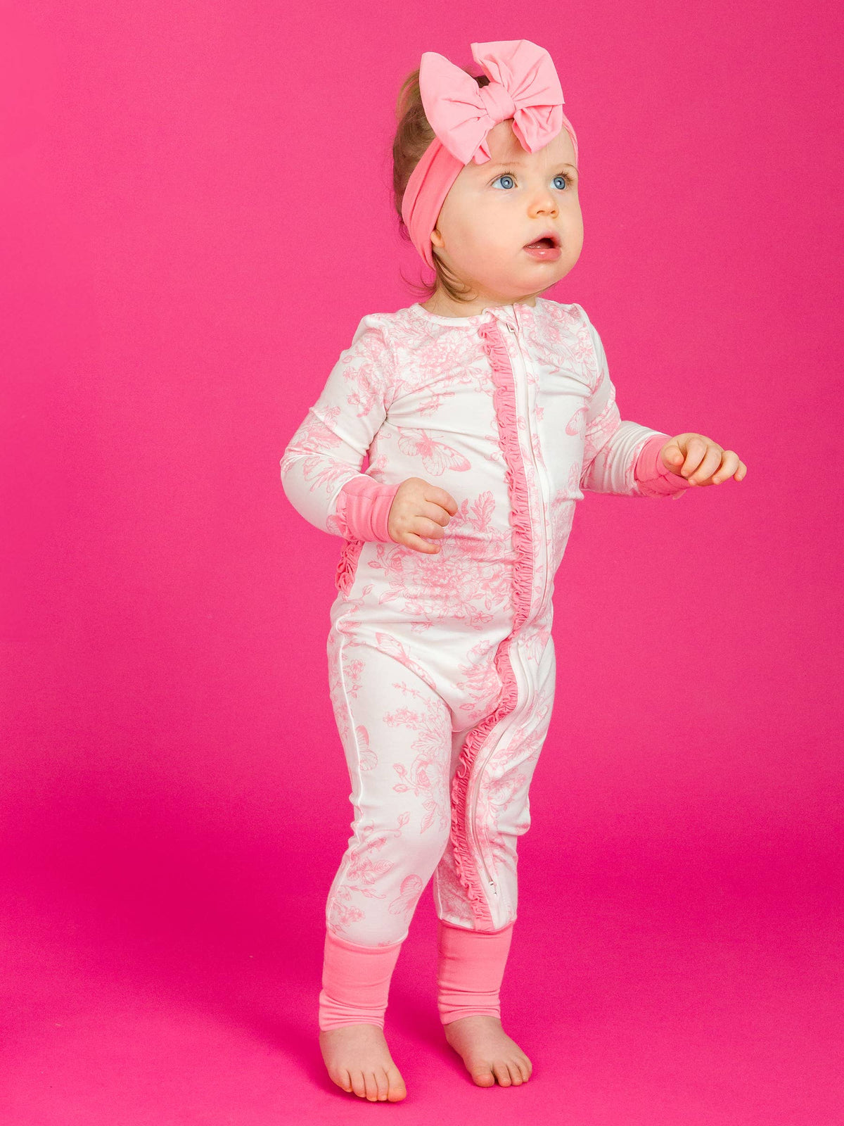 SoftSnooze™ Baby Girls Bamboo Viscose Bubblegum Butterfly Garden Toile Convertible Ruffle One Piece Footie Pajama