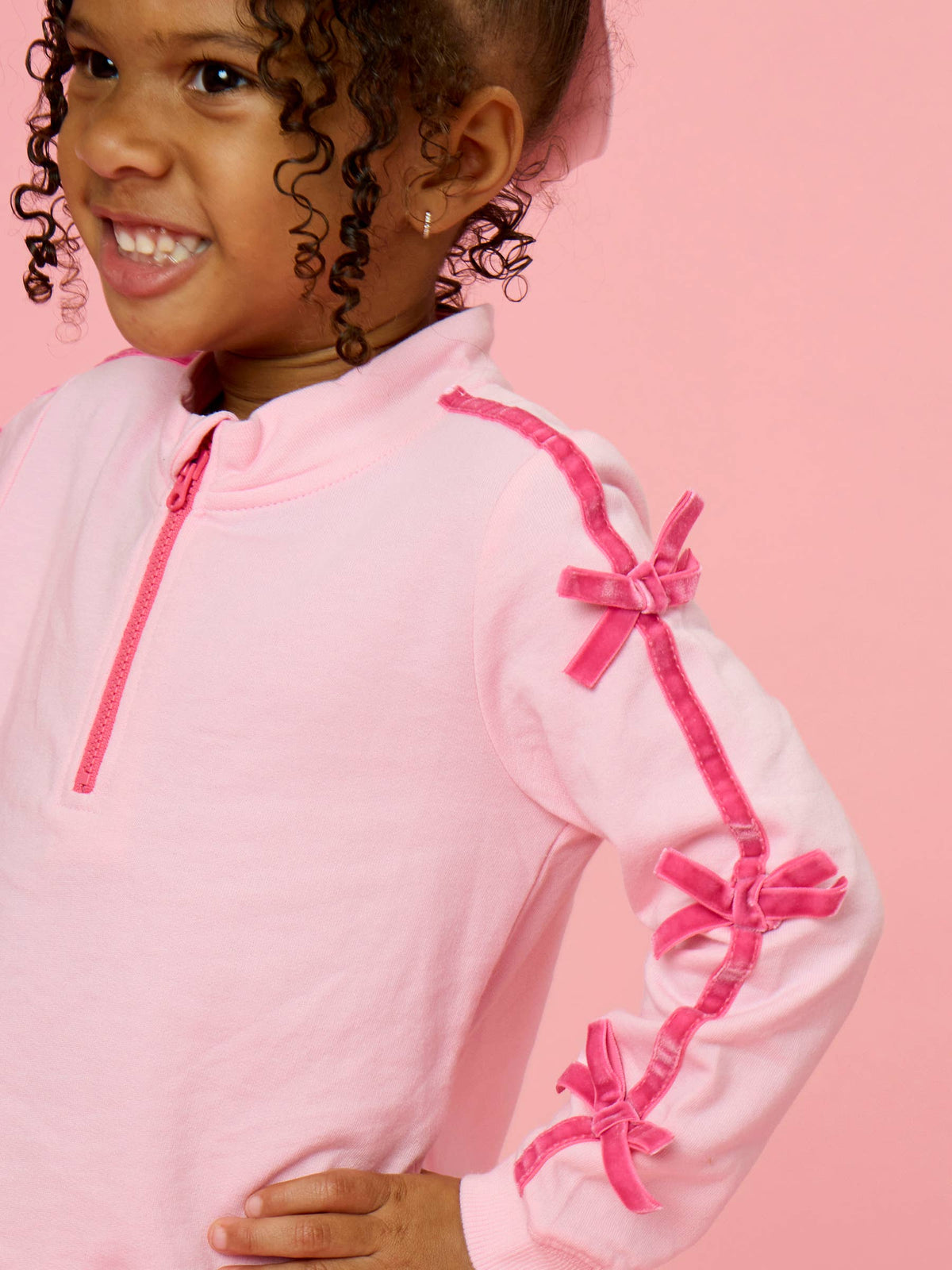 Girls Pink Fleece Bow Quarter Zip & Shorts Set