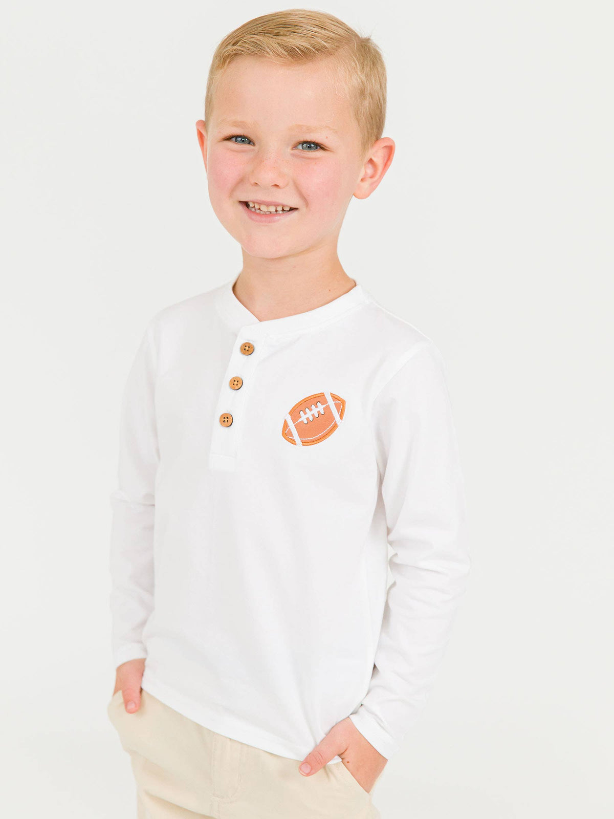 Boys Football White Knit Long Sleeve Embroidered Henley Tee