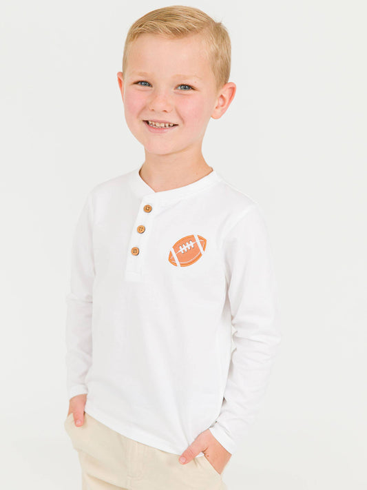 Boys Football White Knit Long Sleeve Embroidered Henley Tee