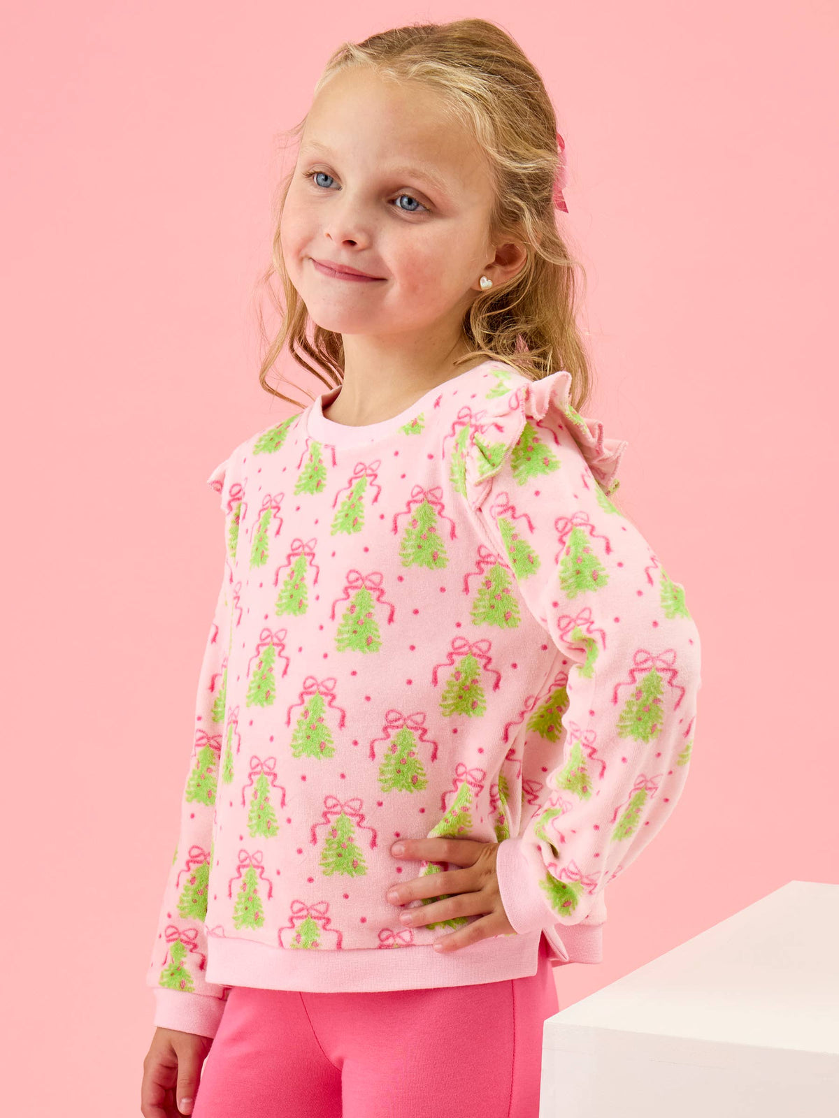 Girls Pink Christmas Tree Party Velour Flutter Sweatshirt