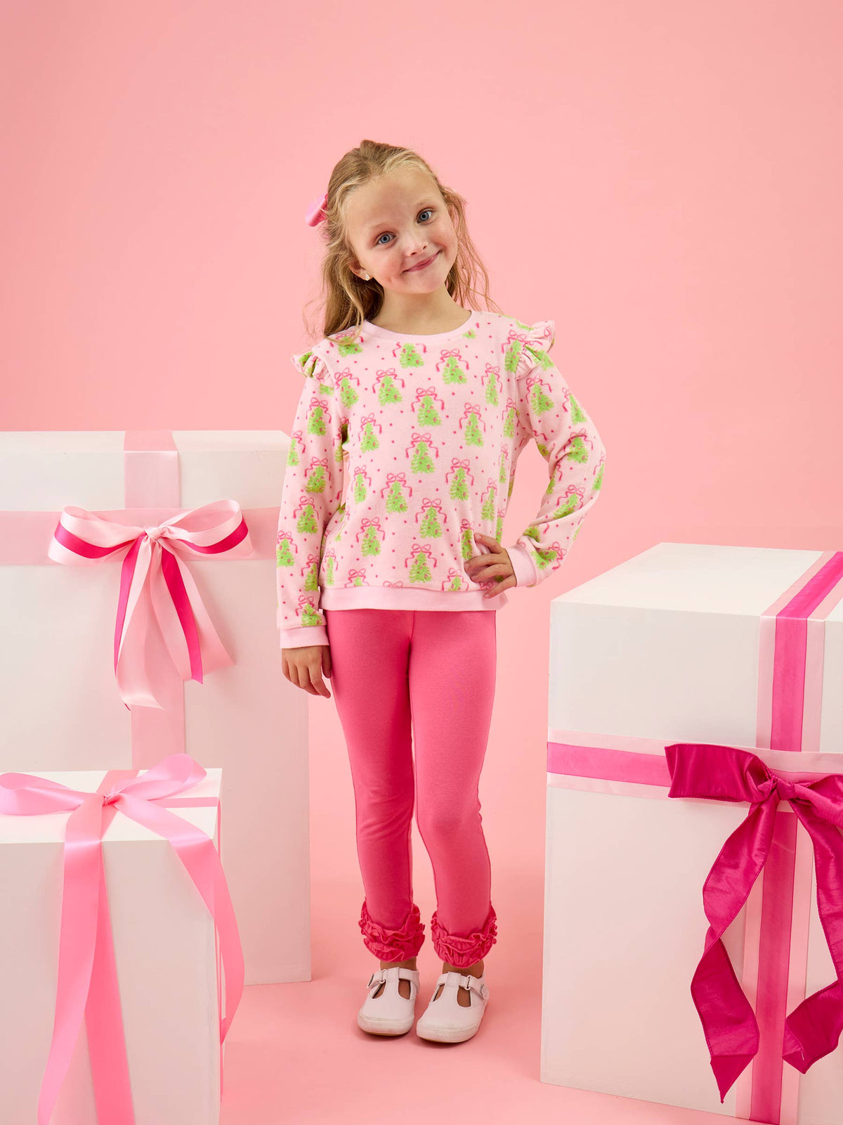 Girls Pink Christmas Tree Party Velour Flutter Sweatshirt