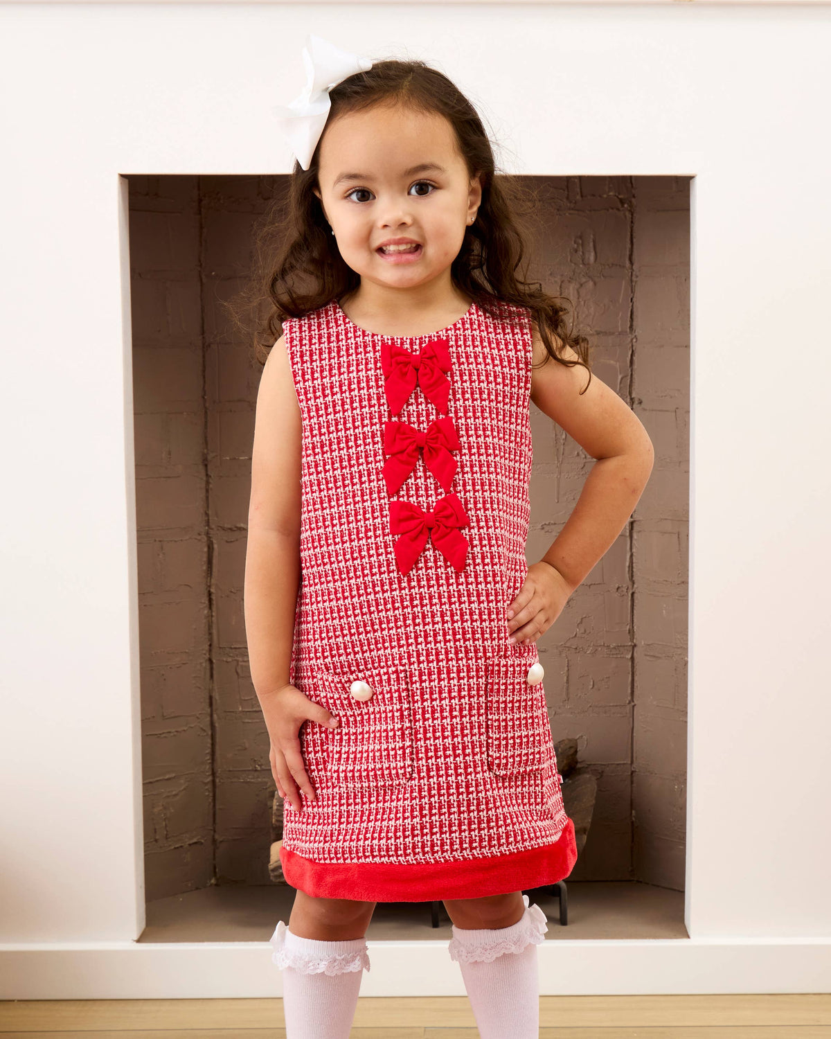 Girls Red Shimmer Tweed Sleeveless Pocket Bow Faux Fur Trim Dress