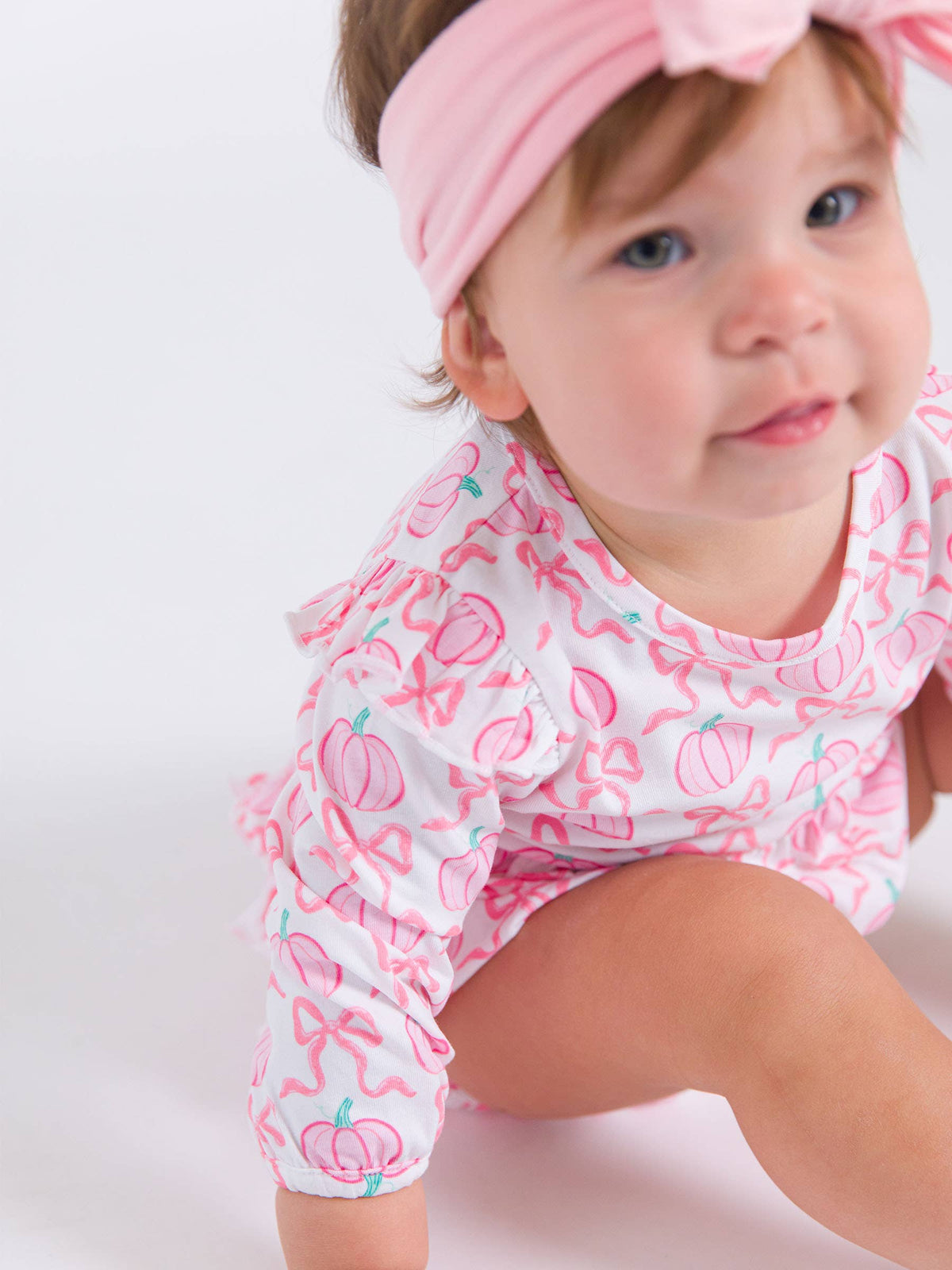 Baby Girls Pink Fairytale Pumpkins Knit Long Sleeve Flutter Bubble Romper