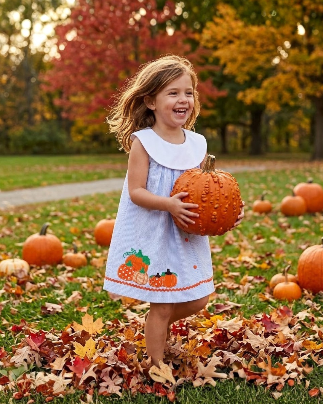 Light Blue Seersucker Pumpkin Baby Yoke Dress
