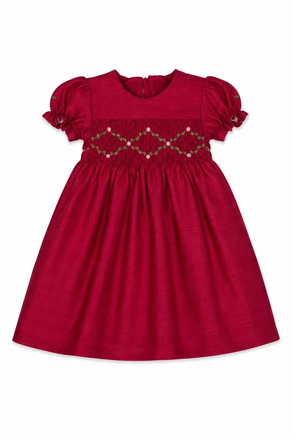 Floral Smocked Silk Red Short Sleeve Toddler Girl Dress