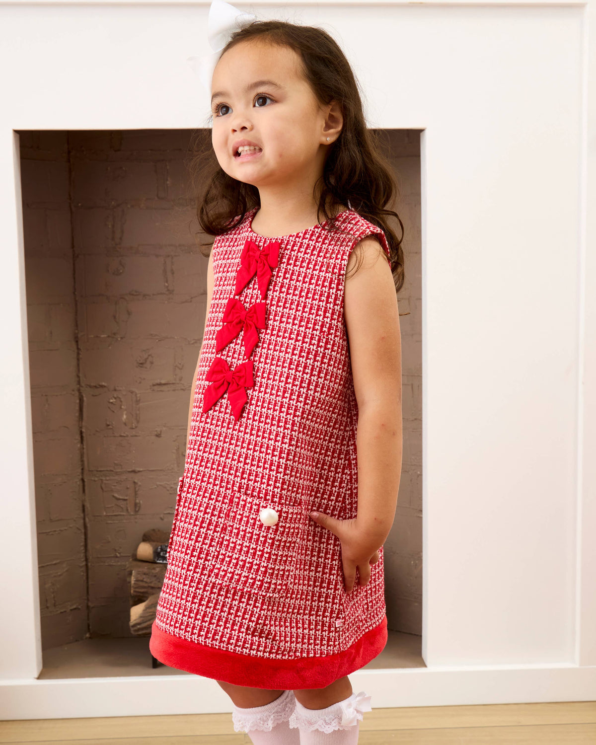 Girls Red Shimmer Tweed Sleeveless Pocket Bow Faux Fur Trim Dress