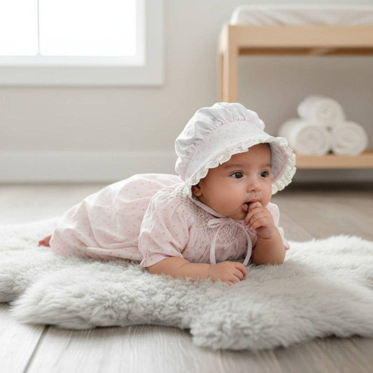 20135-Pink Rosebud Print Baby Girl Dress with Bonnet