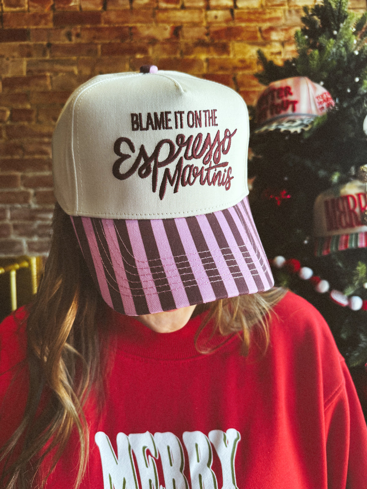 Blame it on Espresso Martinis - Maroon & Pink Stripe Trucker Hat