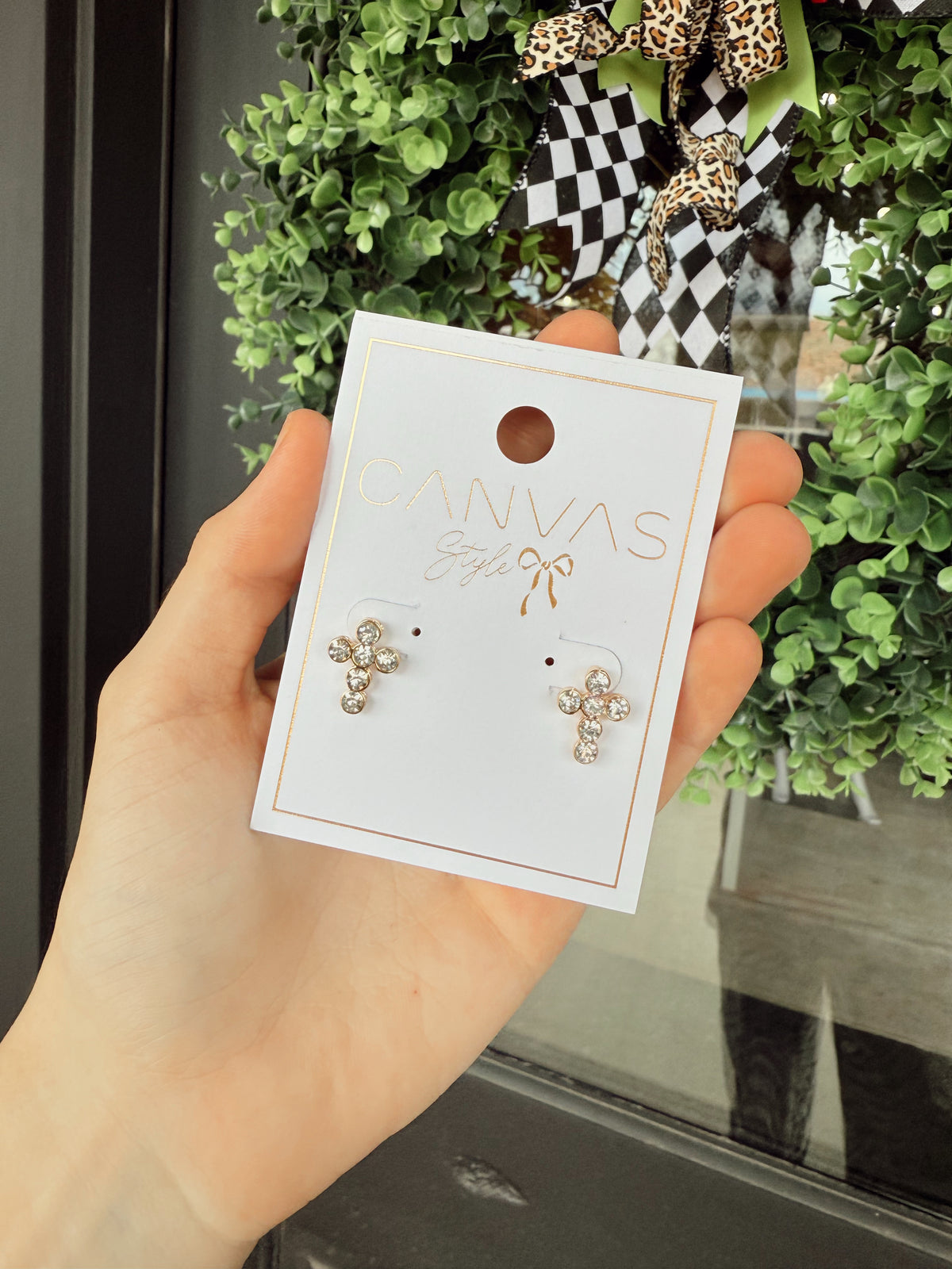 Elizabeth Pave Cross Stud Earrings in Shiny Gold