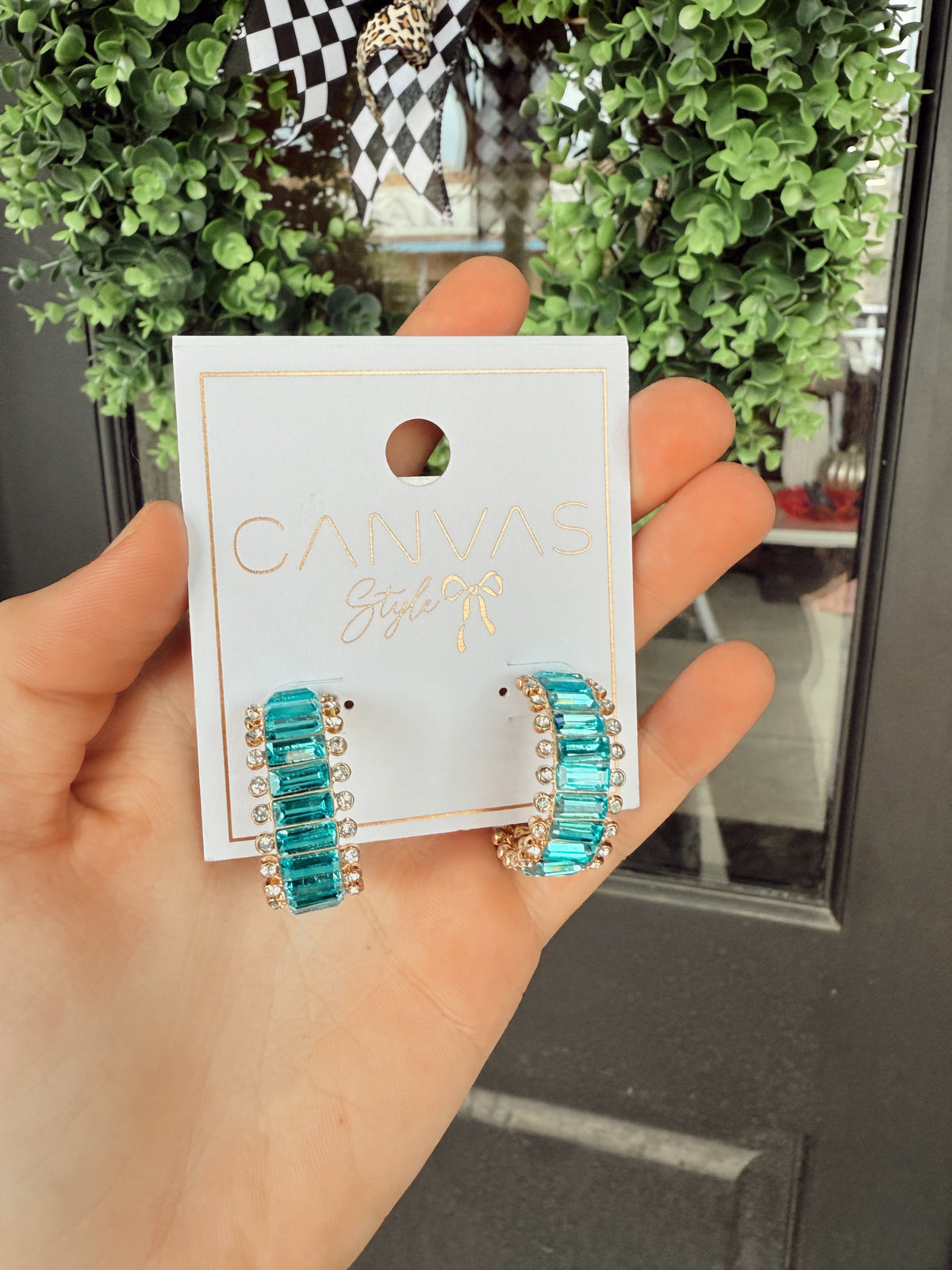 Katherine Rhinestone Baguette Hoop Earrings - Aqua