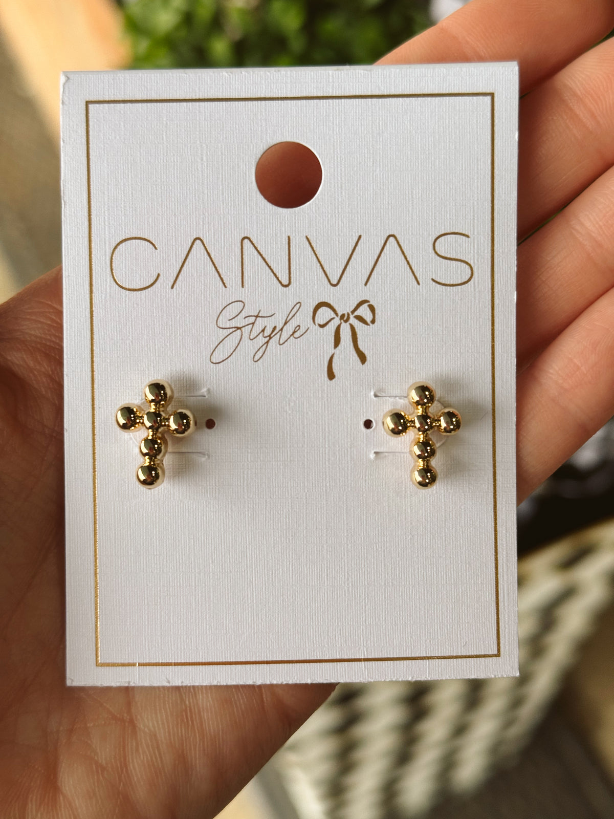 Millie Beaded Cross Stud Earrings in Shiny Gold