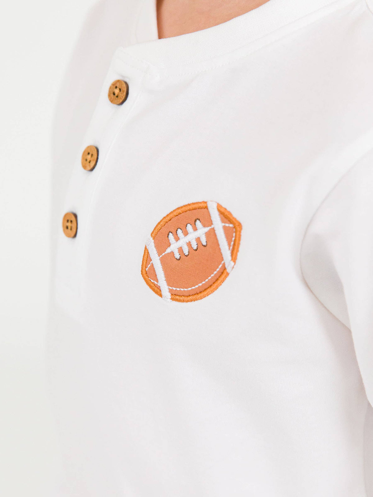 Boys Football White Knit Long Sleeve Embroidered Henley Tee