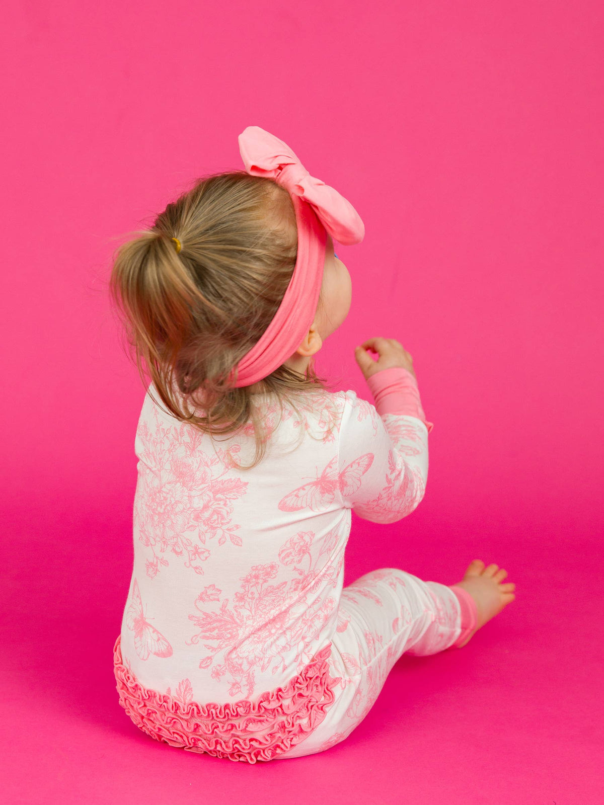 SoftSnooze™ Baby Girls Bamboo Viscose Bubblegum Butterfly Garden Toile Convertible Ruffle One Piece Footie Pajama