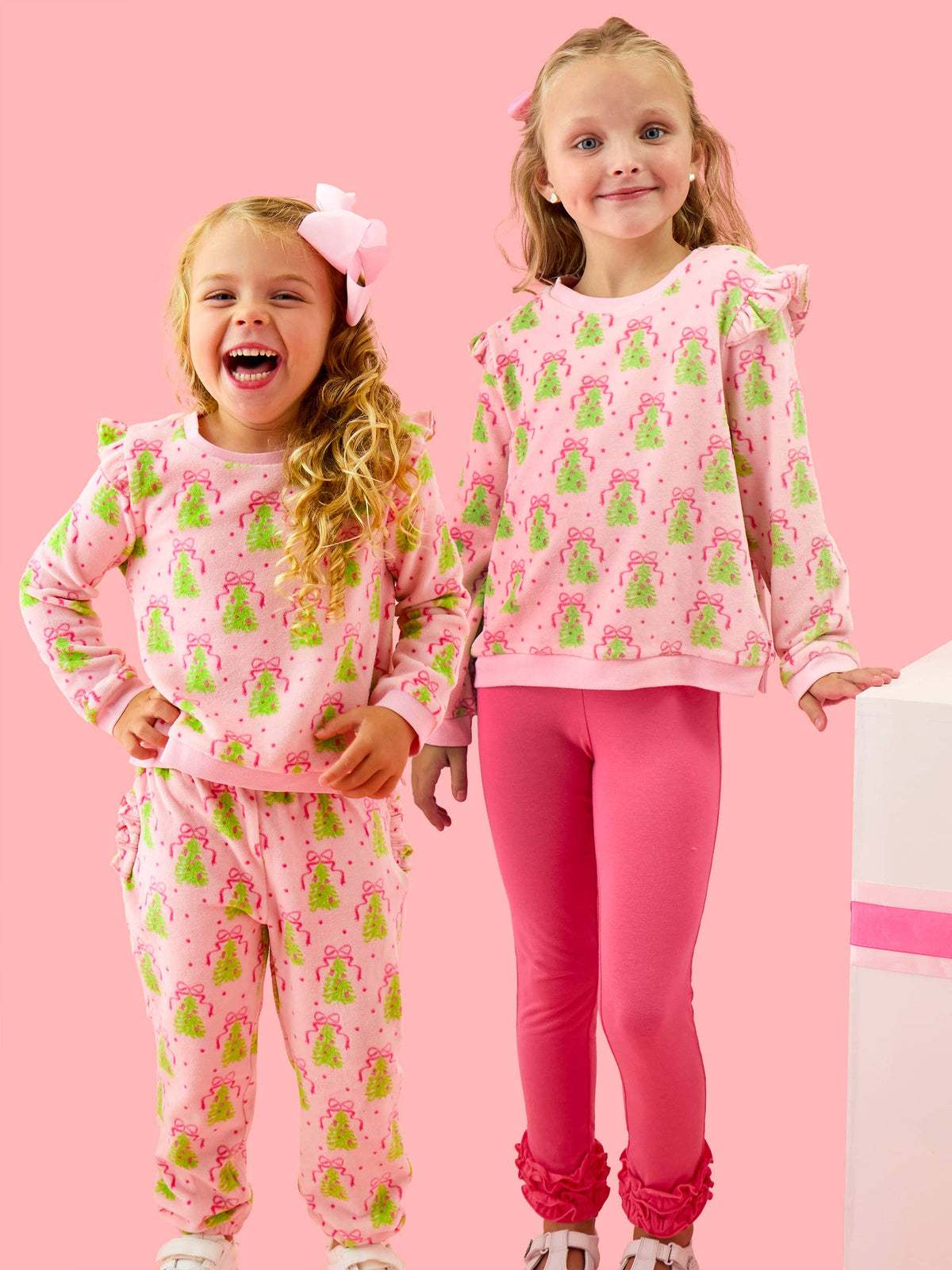 Girls Pink Christmas Tree Party Velour Flutter Sweatshirt