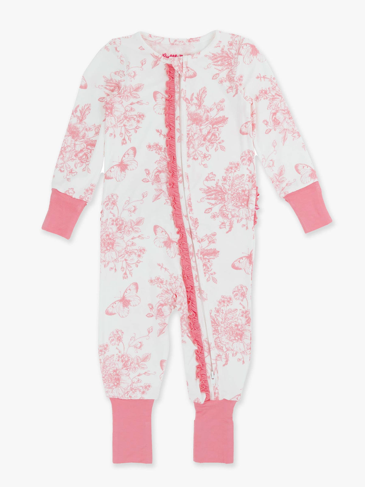 SoftSnooze™ Baby Girls Bamboo Viscose Bubblegum Butterfly Garden Toile Convertible Ruffle One Piece Footie Pajama