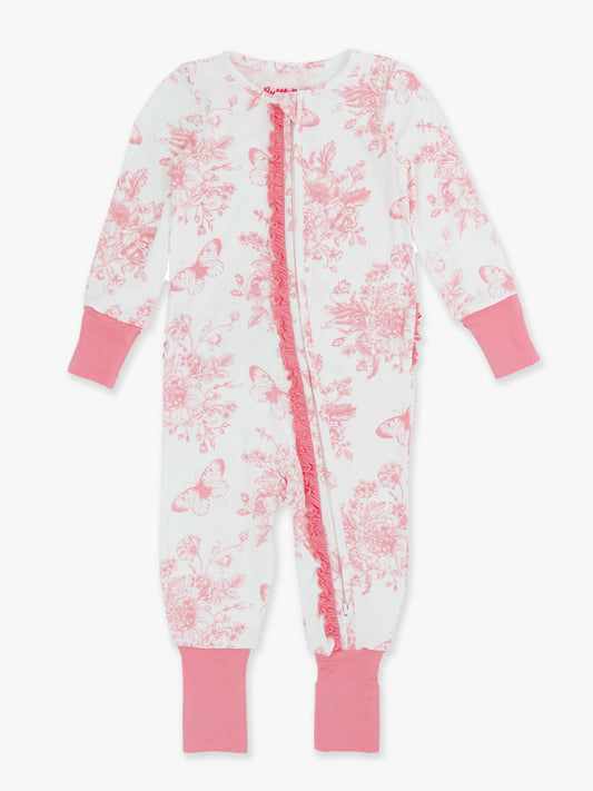 SoftSnooze™ Baby Girls Bamboo Viscose Bubblegum Butterfly Garden Toile Convertible Ruffle One Piece Footie Pajama