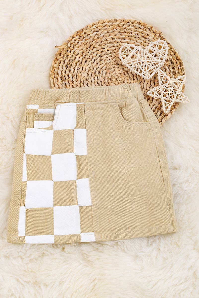 Ivory size printed checker denim skirt