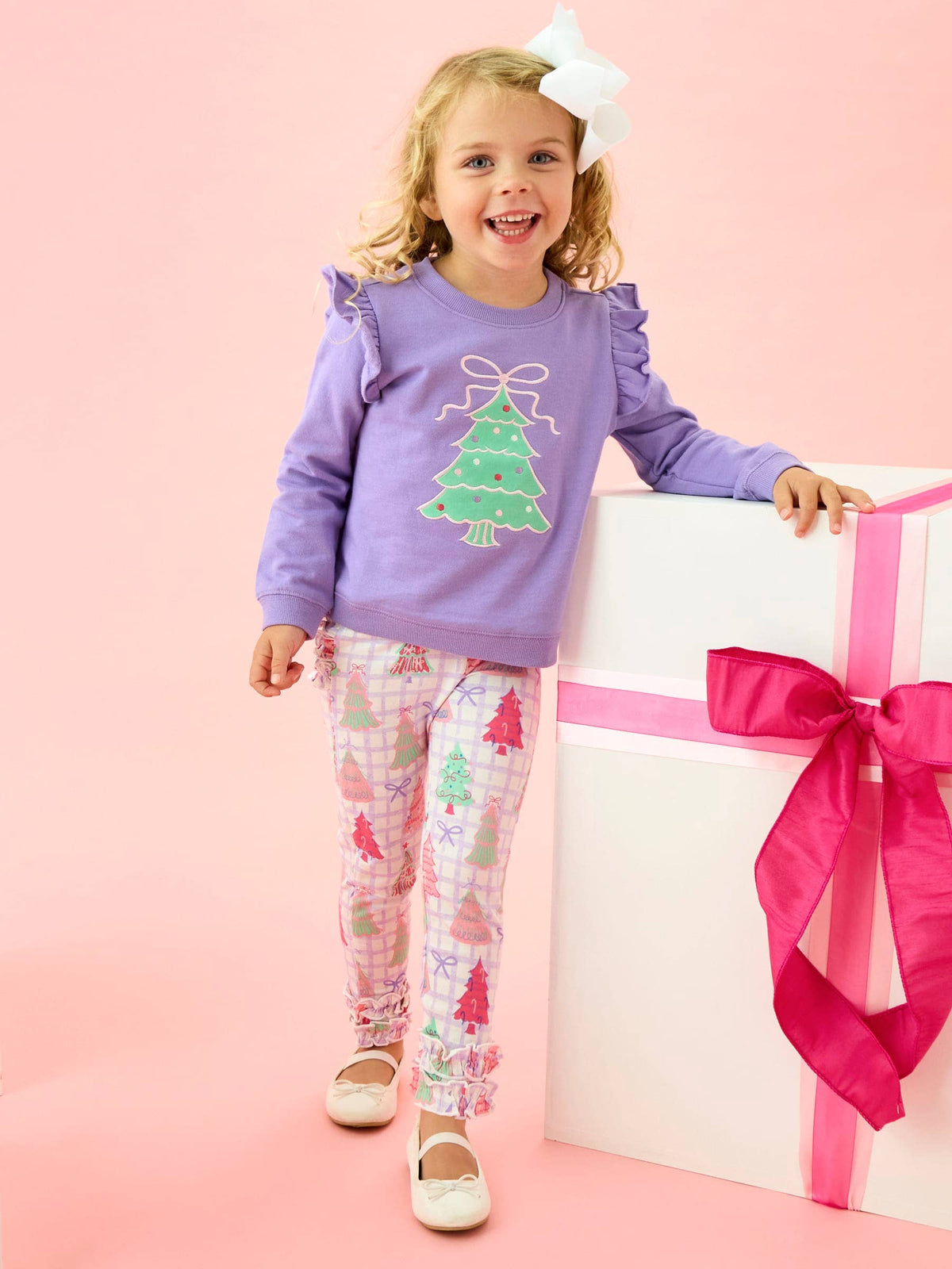 Girls Purple Christmas Tree Applique Flutter Sweatshirt